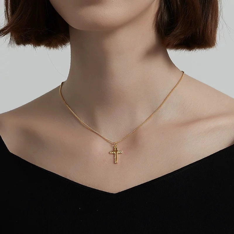 COLLAR PLATA 925 BAÑO ORO CRUZ LISA M - 1