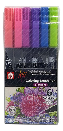 SET PLUMONES ACUARELABLES SAKURA KOI BRUSH 6 COLORES FLORES - 1