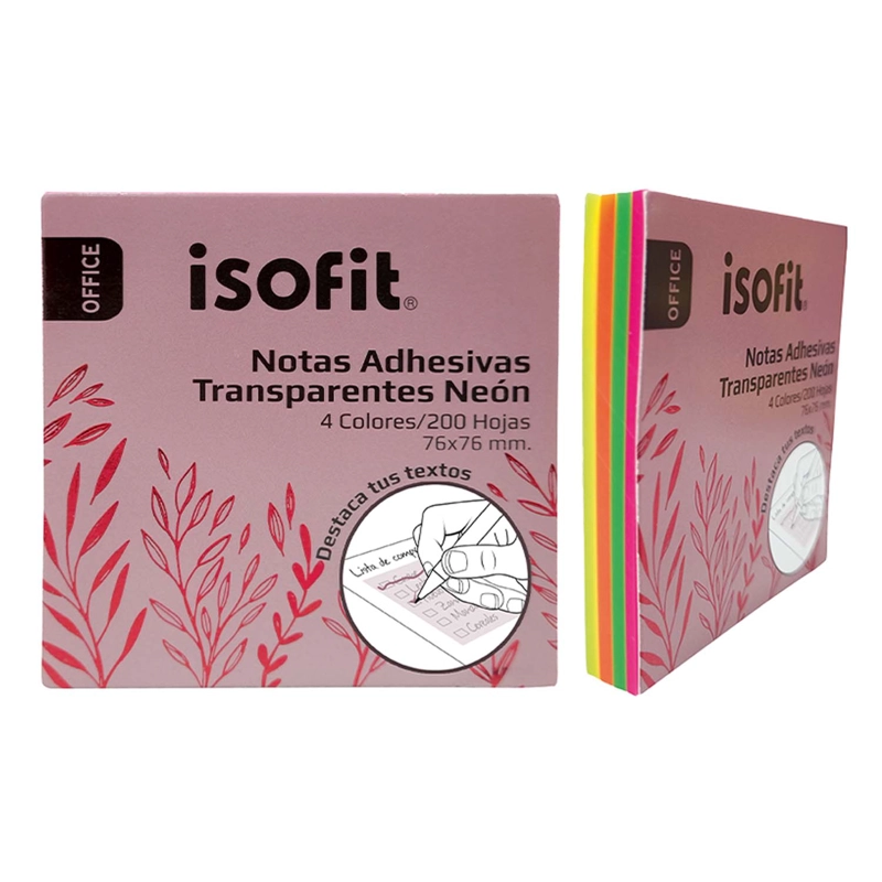 NOTAS ADHESIVAS TRANSPARENTES 4 COLORES NEON ISOFIT 76X76MM - 1