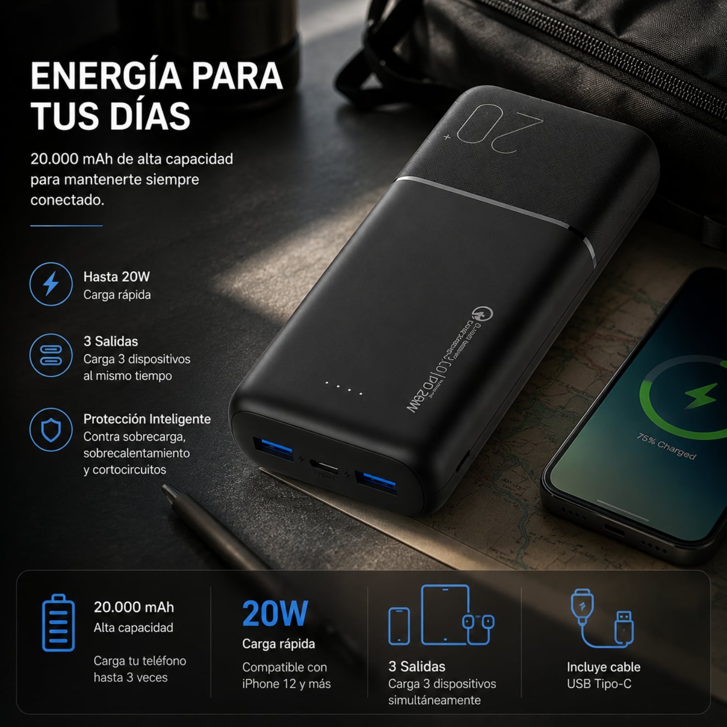 BATERIA EXTERNA DE CARGA RÁPIDA 20W 20.000 MAH DUSTED NEGRA - 4