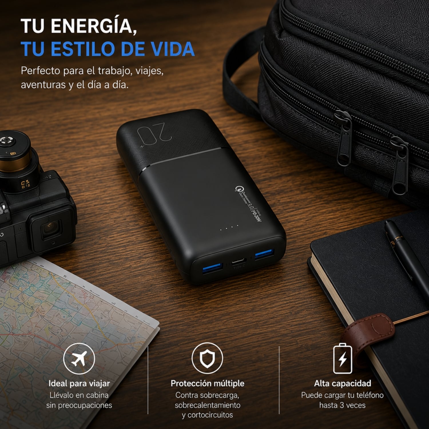 BATERIA EXTERNA DE CARGA RÁPIDA 20W 20.000 MAH DUSTED NEGRA - 5