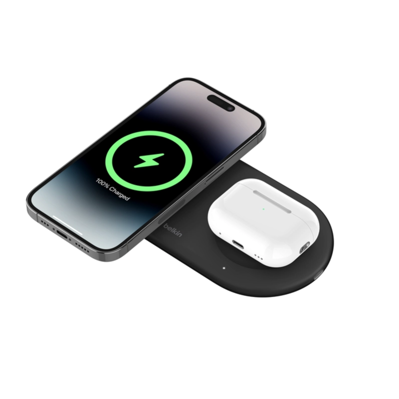 BASE DE CARGA 2 EN 1 INALAMBRICA PLANA QI2 CON USB-C NEGRA - 1