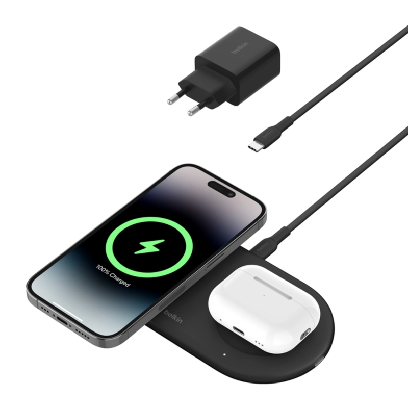 BASE DE CARGA 2 EN 1 INALAMBRICA PLANA QI2 CON USB-C NEGRA - 2