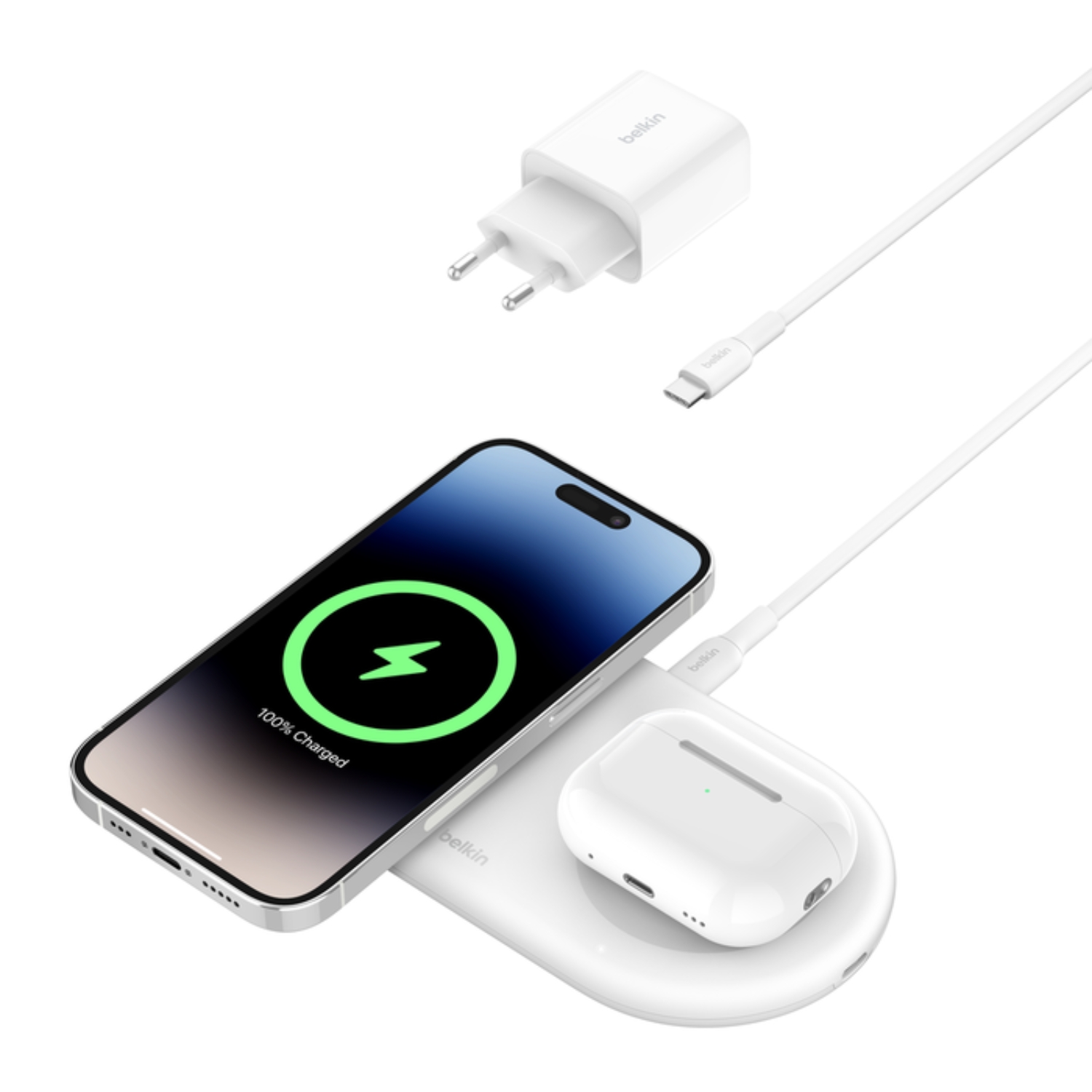 BASE DE CARGA 2 EN 1 INALAMBRICA PLANA QI2 CON USB-C BLANCA - 2