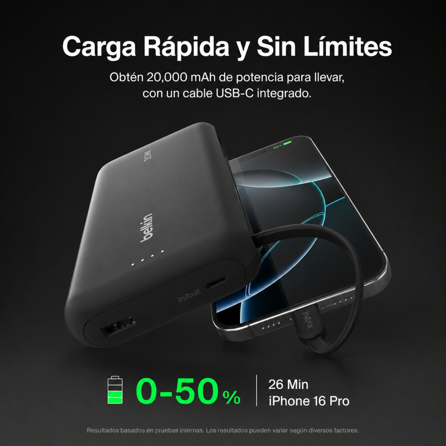 BATERIA 20.000 MAH 30W PD CON CABLE USB-C BELKIN - 6