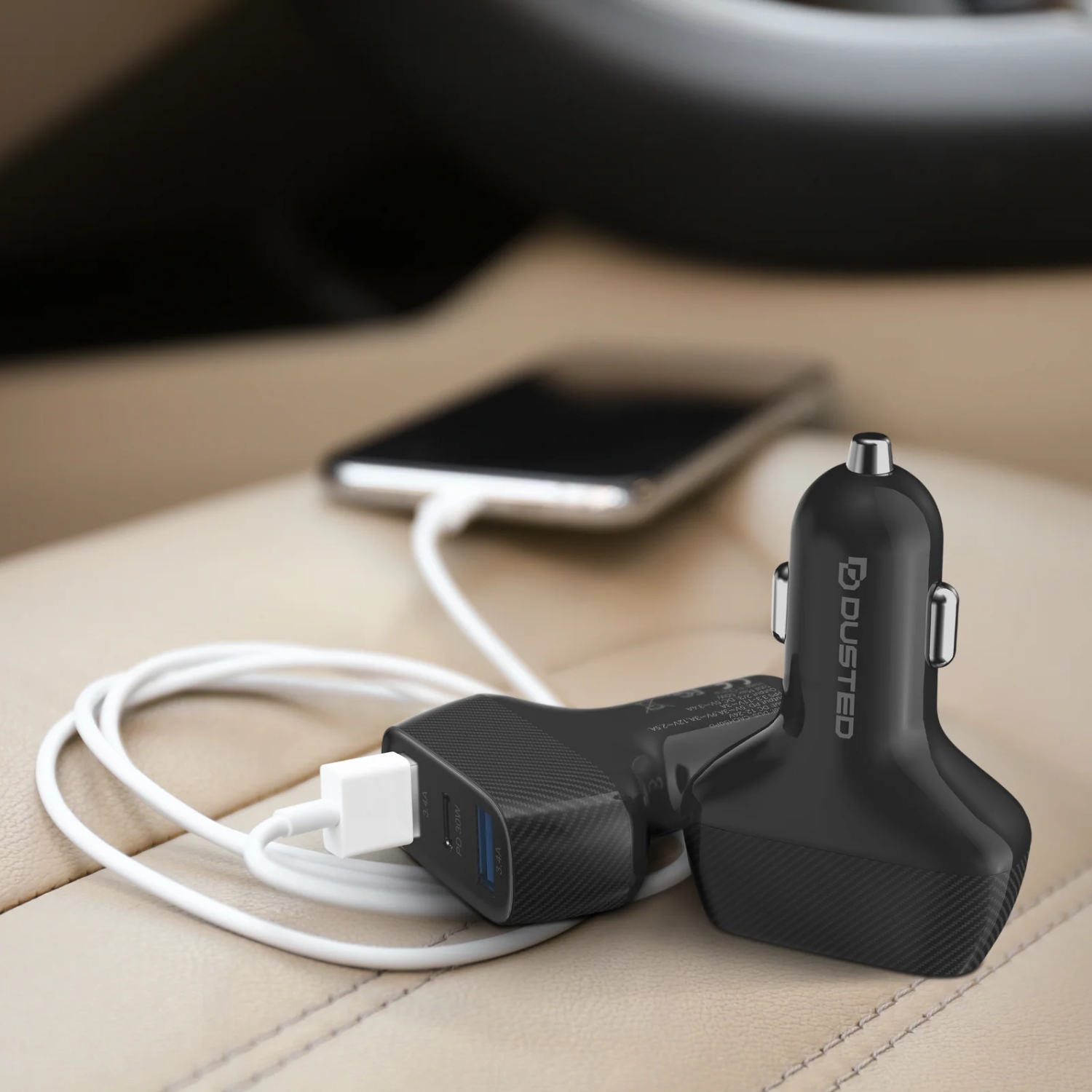 CARGADOR DE AUTO TRIPLE 50W CON CABLE 2EN1 DUSTED NEGRO - 5