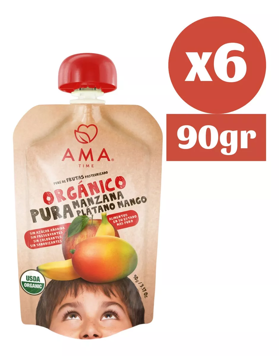 SUPLEMENTO ALIMENTICIO 6X PURE FRUTA MANZANA PLATANO MANGO ORGÁNICO PAPILLA AMA - 1