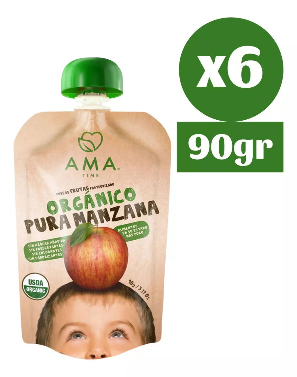 SUPLEMENTO ALIMENTICIO 6X PURE FRUTA MANZANA ORGÁNICO PAPILLA COMPOTA AMA - 1