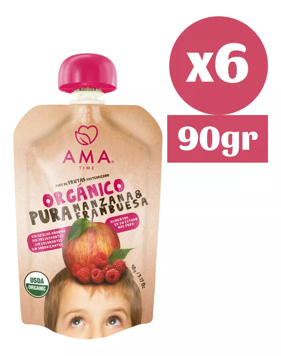 6X AMA PURE FRUTA MANZANA FRAMBUESA ORGÁNICO PAPILLA COMPOTA - 1