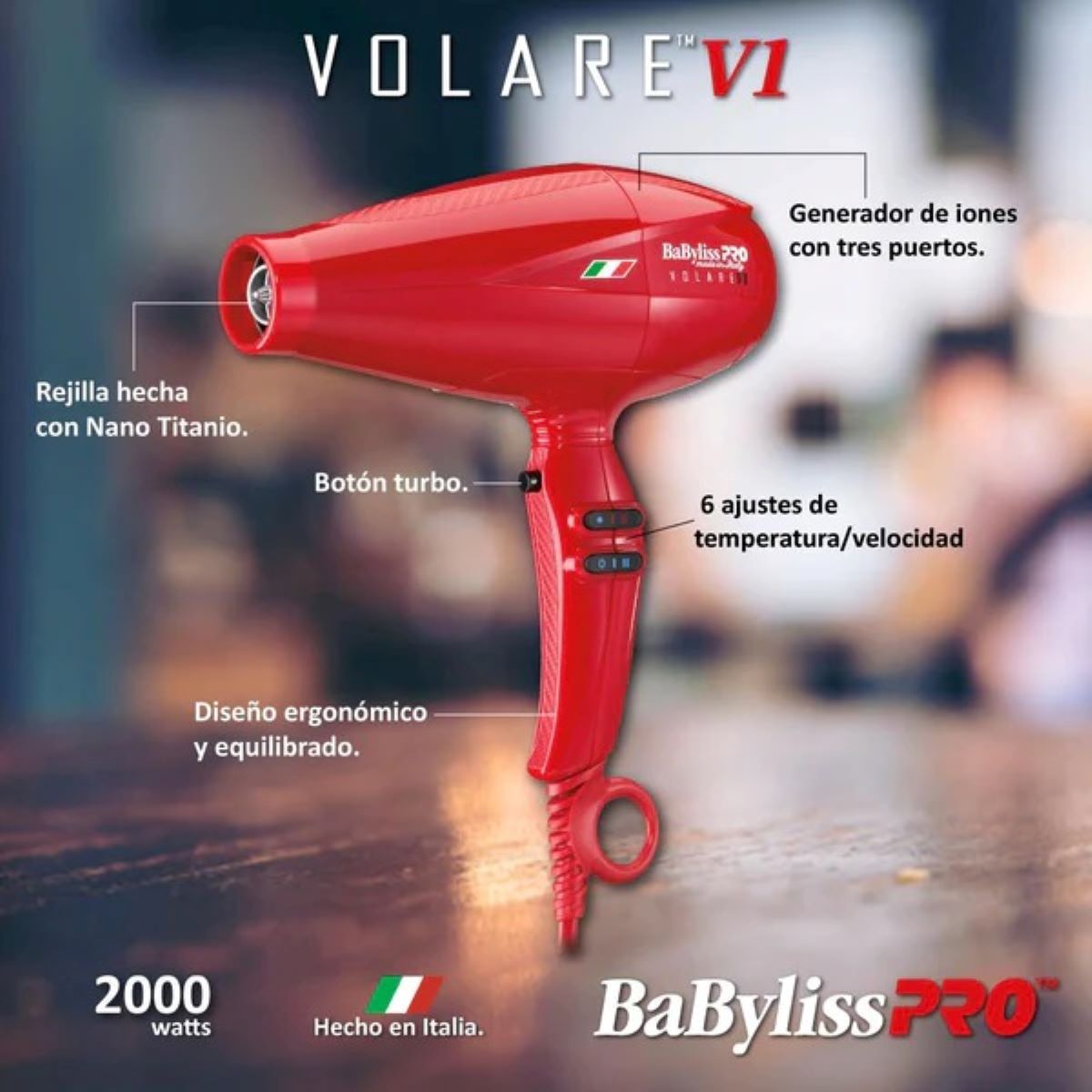 SECADOR VOLARE V1 MOTOR 6 NIVELES FERRARI BABYLISSPRO EN COLOR ROJO - 5