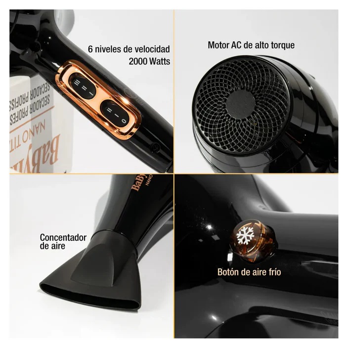 SECADOR DE PELO BABYLISSPRO NANO TITANIUM ROSE GOLD BLACK B6176UZ - 5