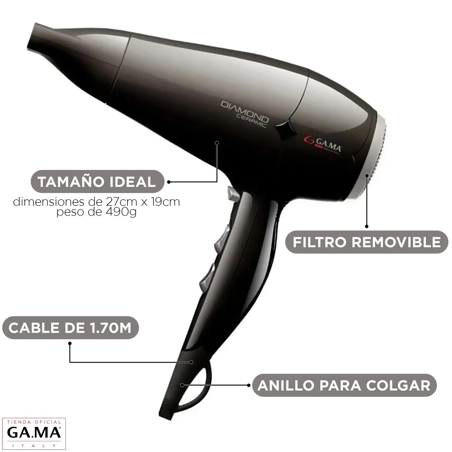 SECADOR DIAMOND CERAMIC ANTIBACTERIAL PELO CERAMICA 2300W NEGRO GAMA - 5
