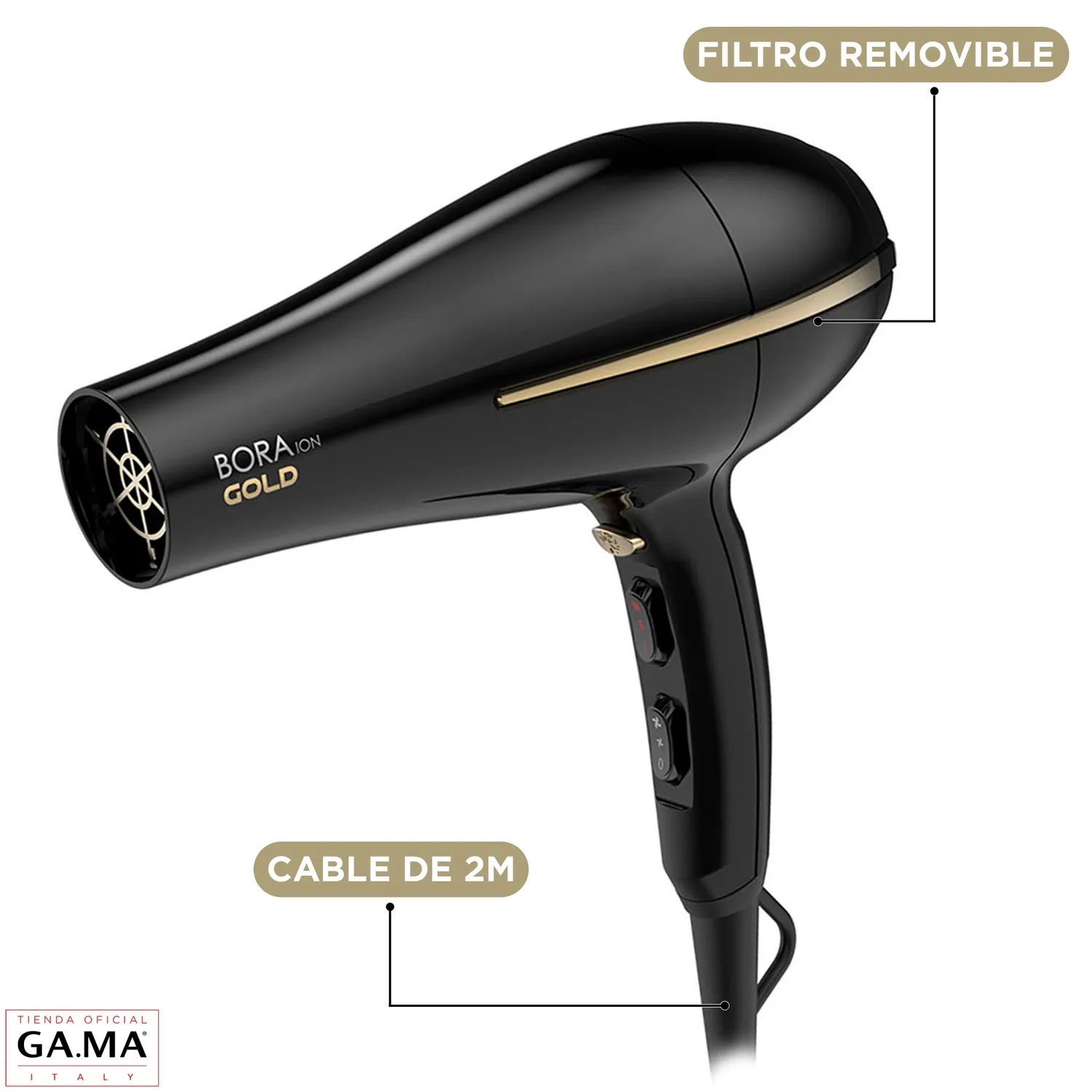 SECADOR DE PELO CERAMIC ION BORA GOLD COLOR NEGRO GAMA 2200W - 3