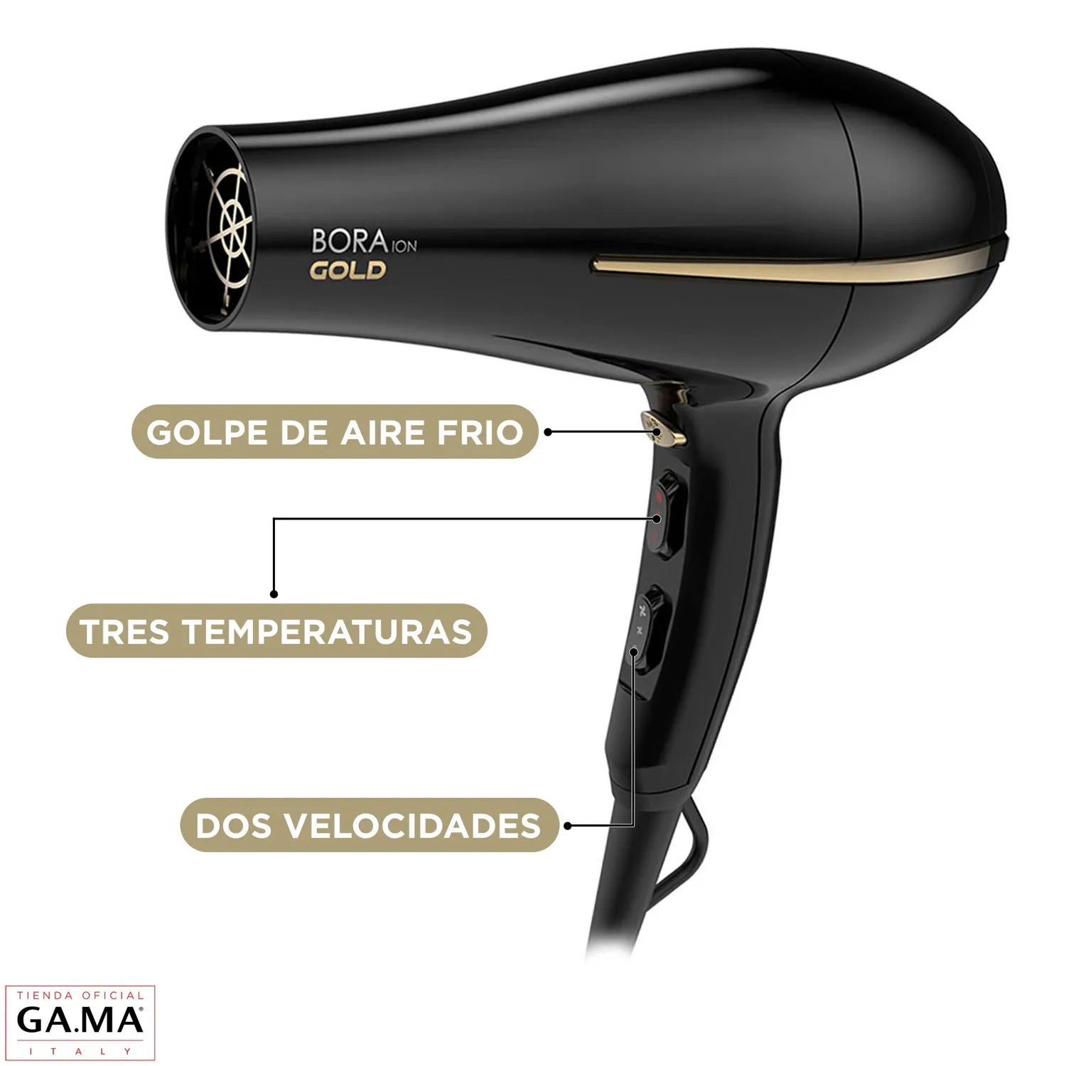 SECADOR DE PELO CERAMIC ION BORA GOLD COLOR NEGRO GAMA 2200W - 6
