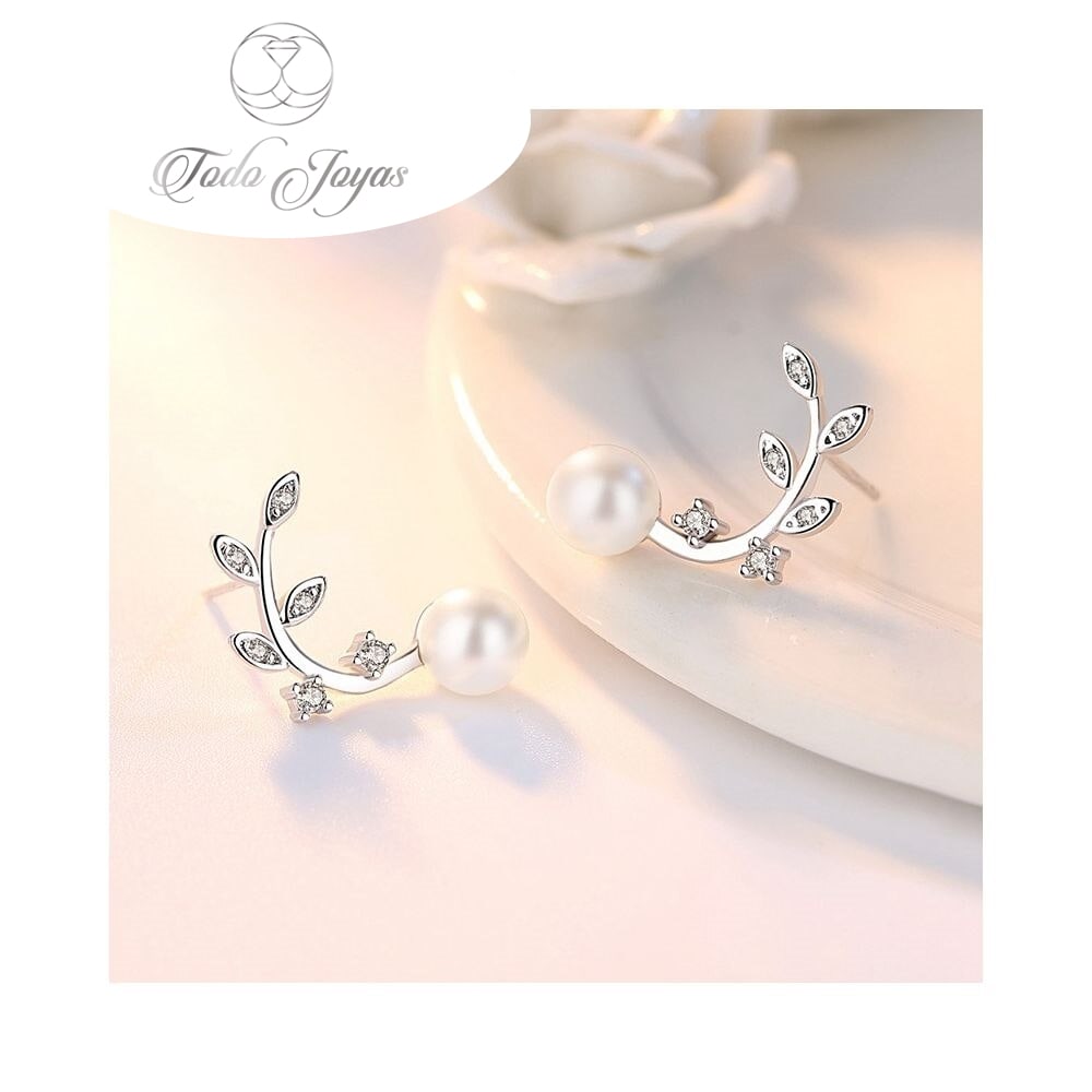 AROS TODOJOYAS PERLA Y HOJAS CIRCONES PLATEADO PLATA - 3