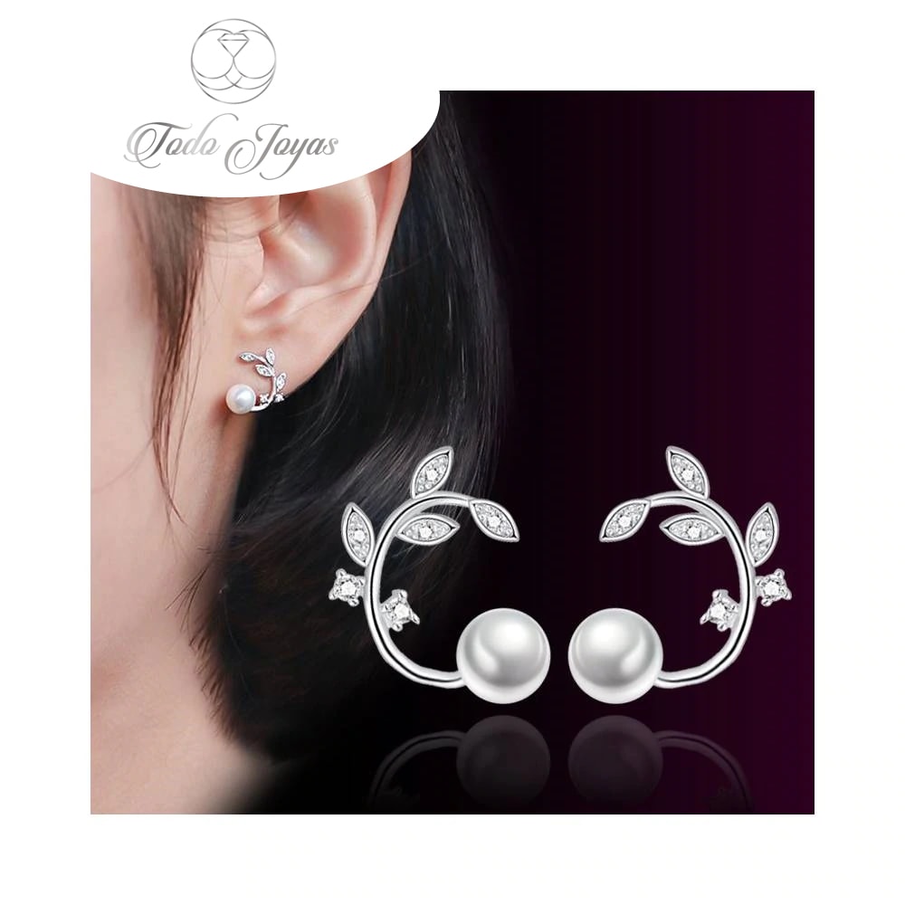 AROS TODOJOYAS PERLA Y HOJAS CIRCONES PLATEADO PLATA - 4