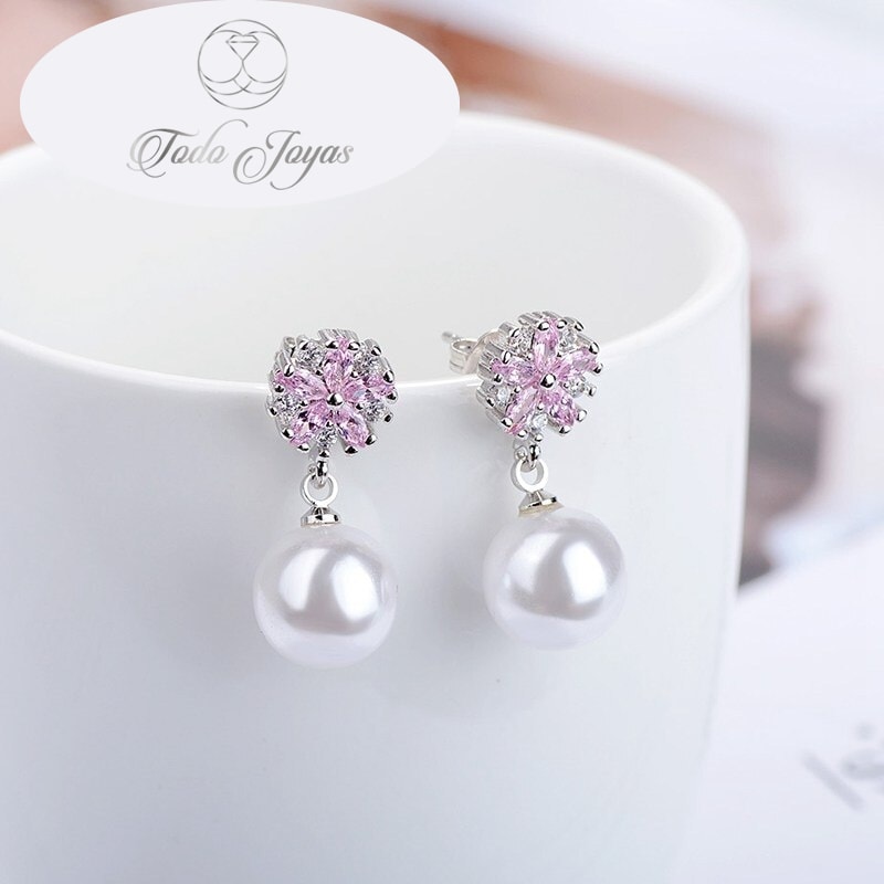 AROS TODOJOYAS PERLA CON CIRCONES ROSA PLATEADO PLATA - 5