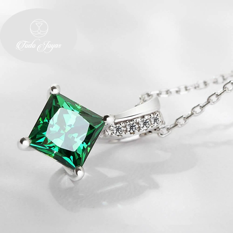 COLLAR TODOJOYAS ENCHAPADO EN PLATA CRISTAL VERDE CUADRADO PLATEADO - 3