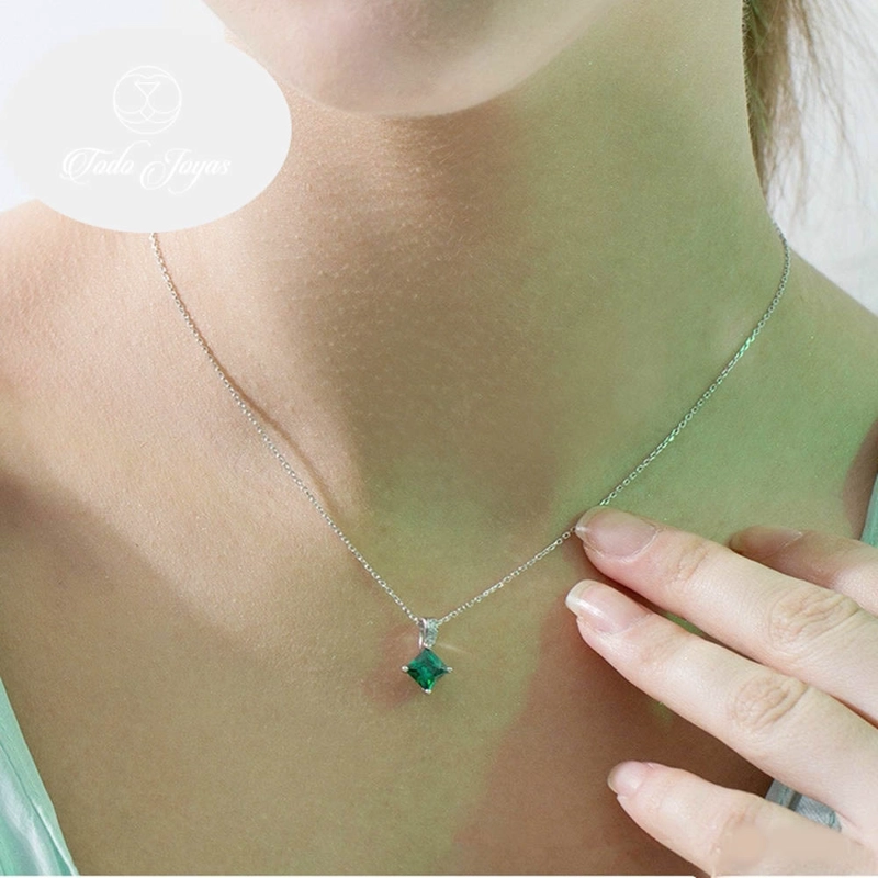 COLLAR TODOJOYAS ENCHAPADO EN PLATA CRISTAL VERDE CUADRADO PLATEADO - 5