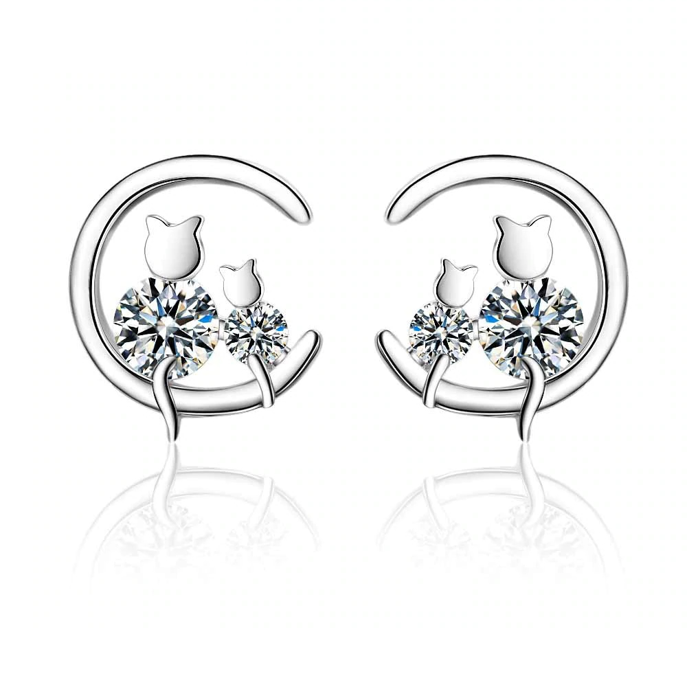 AROS TODOJOYAS PAR GATITOS EN LUNA PLATEADO PLATA - 1
