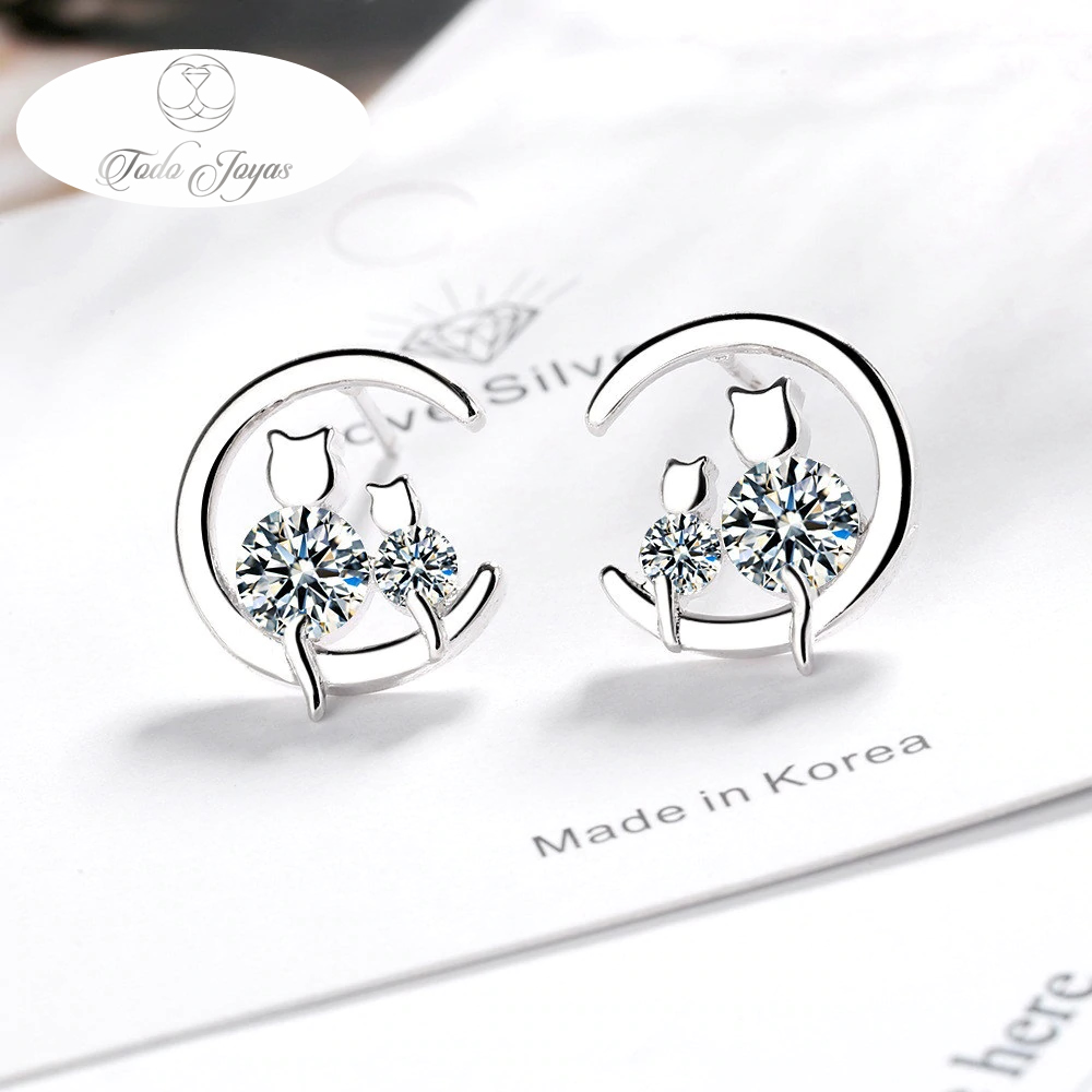 AROS TODOJOYAS PAR GATITOS EN LUNA PLATEADO PLATA - 3