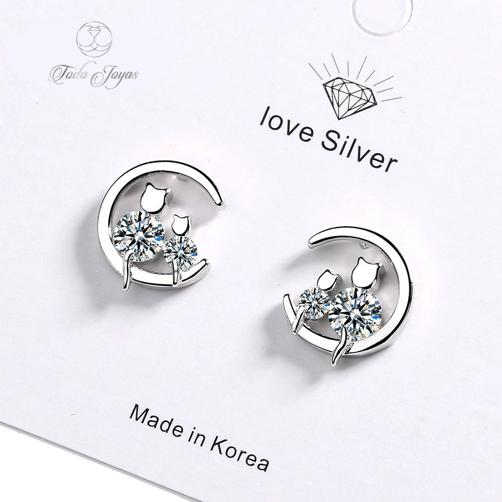 AROS TODOJOYAS PAR GATITOS EN LUNA PLATEADO PLATA - 4