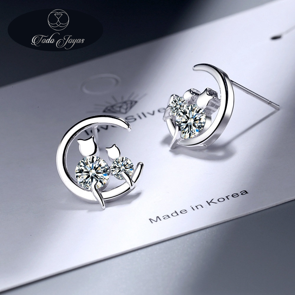 AROS TODOJOYAS PAR GATITOS EN LUNA PLATEADO PLATA - 5