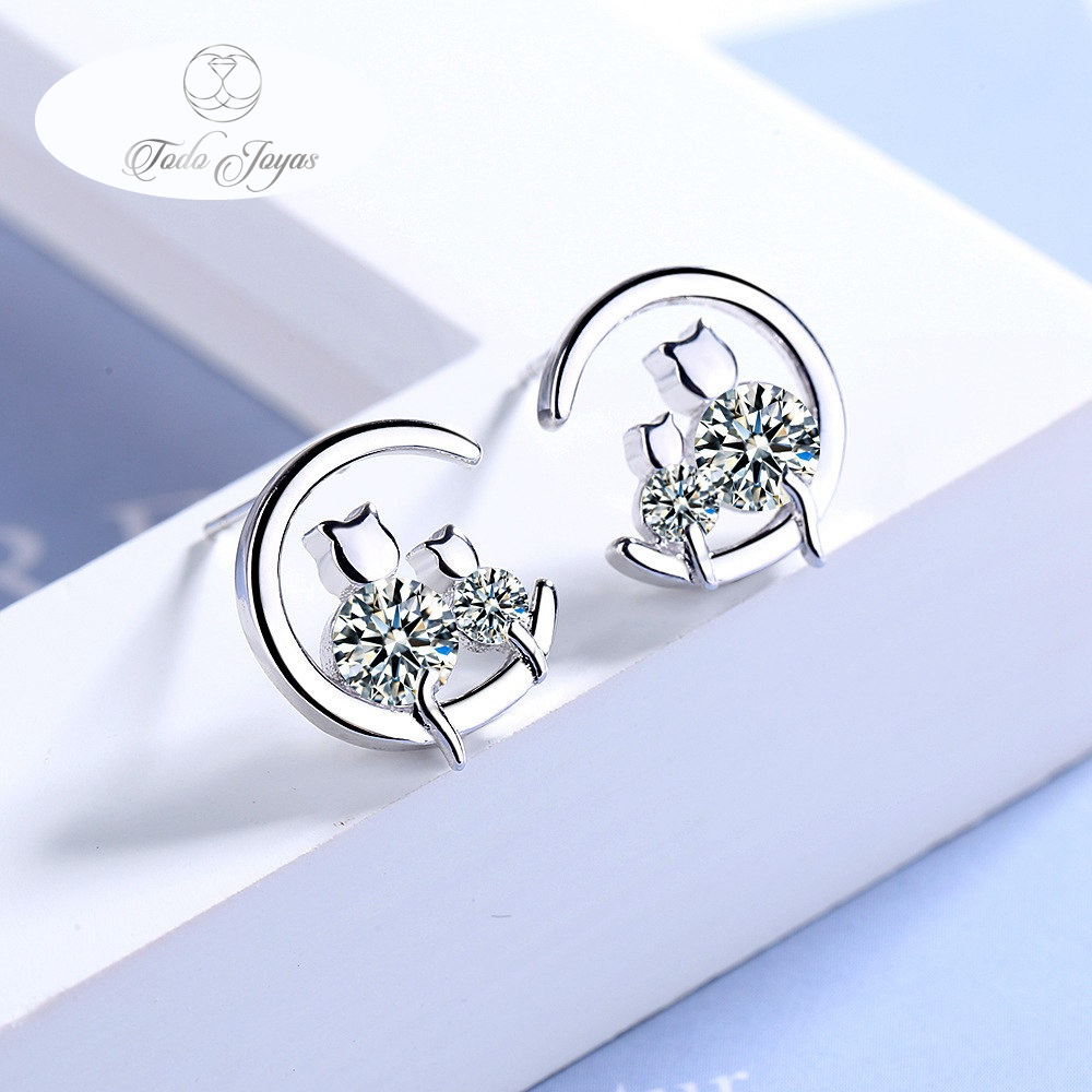 AROS TODOJOYAS PAR GATITOS EN LUNA PLATEADO PLATA - 6