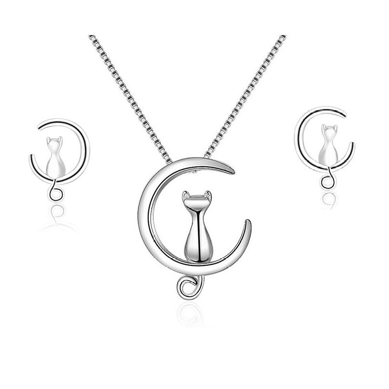 CONJUNTO TODOJOYAS ENCHAPADO EN PLATA COLLAR Y AROS GATITOS EN LUNA PLATEADO - 1