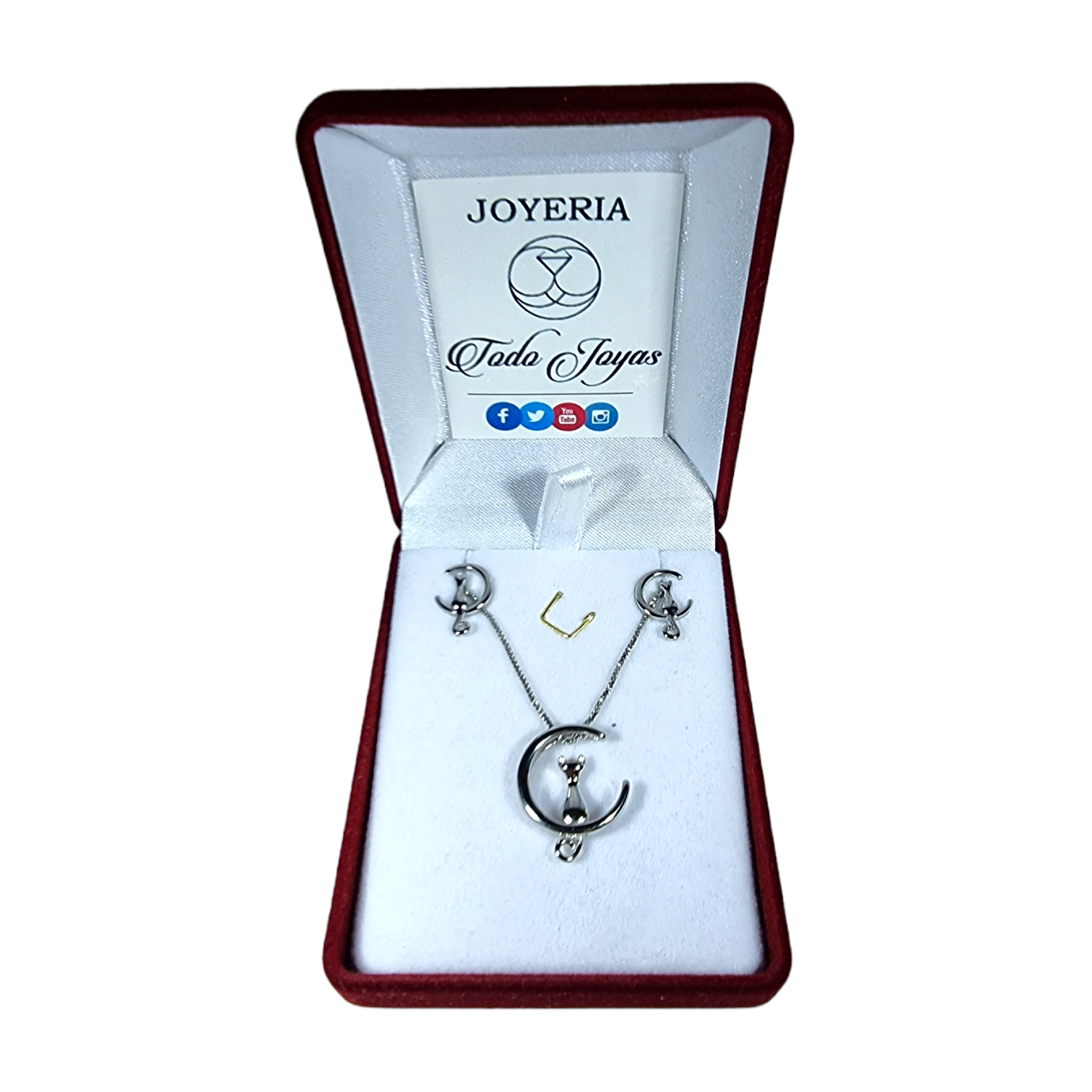CONJUNTO TODOJOYAS ENCHAPADO EN PLATA COLLAR Y AROS GATITOS EN LUNA PLATEADO - 2