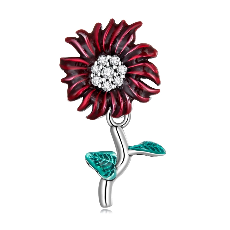 CHARM DIJE PLATA 925 FLOR MARGARITA EN COLOR ROJO - 1
