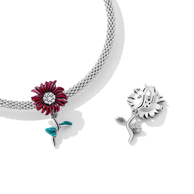 CHARM DIJE PLATA 925 FLOR MARGARITA EN COLOR ROJO - 3