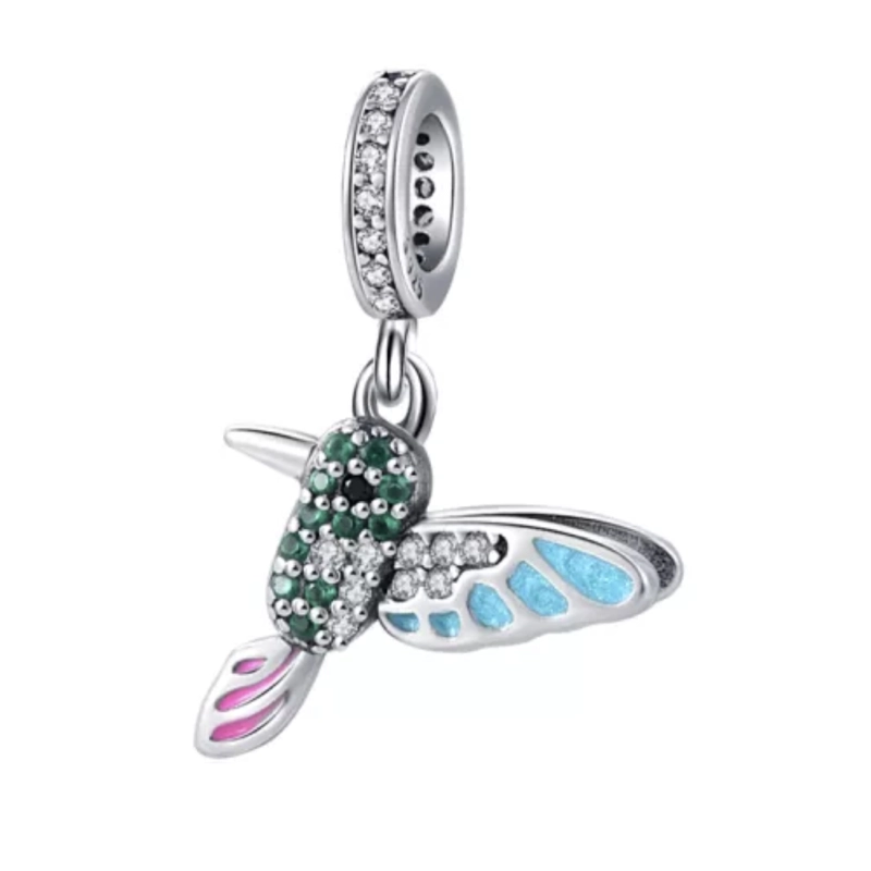 CHARM DIJE PLATA 925 COLIBRI PICAFLOR UNA CARA - 1