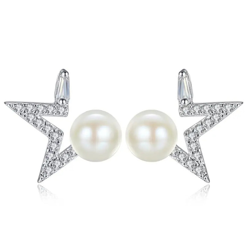 AROS TODOJOYAS ESTRELLA Y PERLA BLANCA PLATEADO PLATA - 1