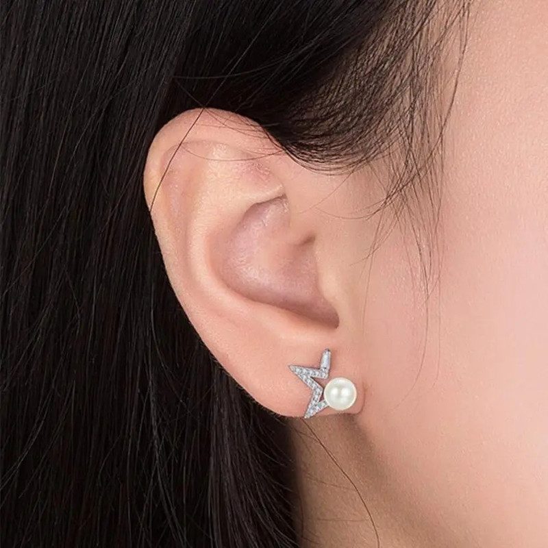 AROS TODOJOYAS ESTRELLA Y PERLA BLANCA PLATEADO PLATA - 2