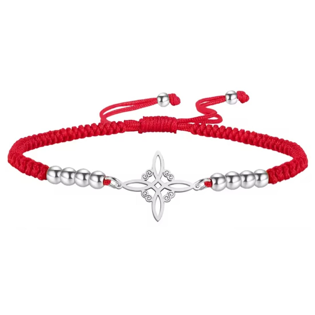 PULSERA NUDO DE BRUJA CELTA PLATEADA ACERO CUERDA ROJA