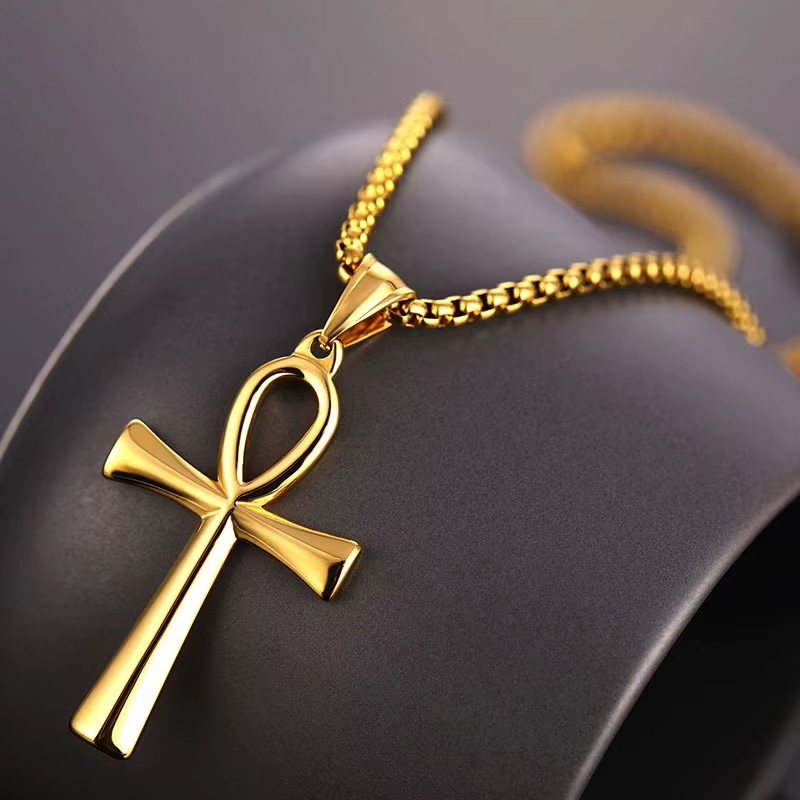 COLAR COLGANTE CRUZ EGIPCIA ANKH ACERO 50MM DORADA - 2