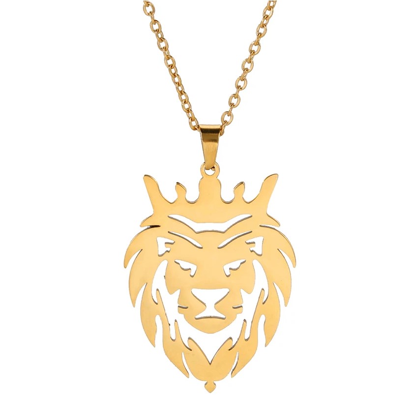 COLLAR CABEZA LEON CORONA KING ACERO DORADO - 1