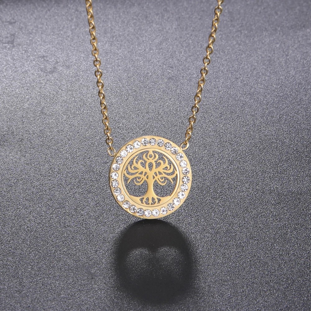COLLAR ARBOL DE LA VIDA CON CIRCONES DORADO ACERO - 3