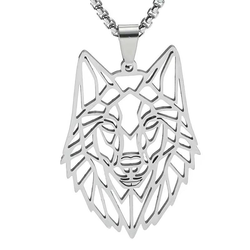 COLLAR CABEZA LOBO WOLF ACERO GEOME TRICO PLATEADO