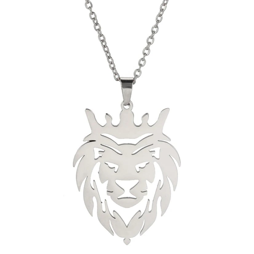 COLLAR CABEZA LEON CORONA KING ACERO PLATEADO - 1