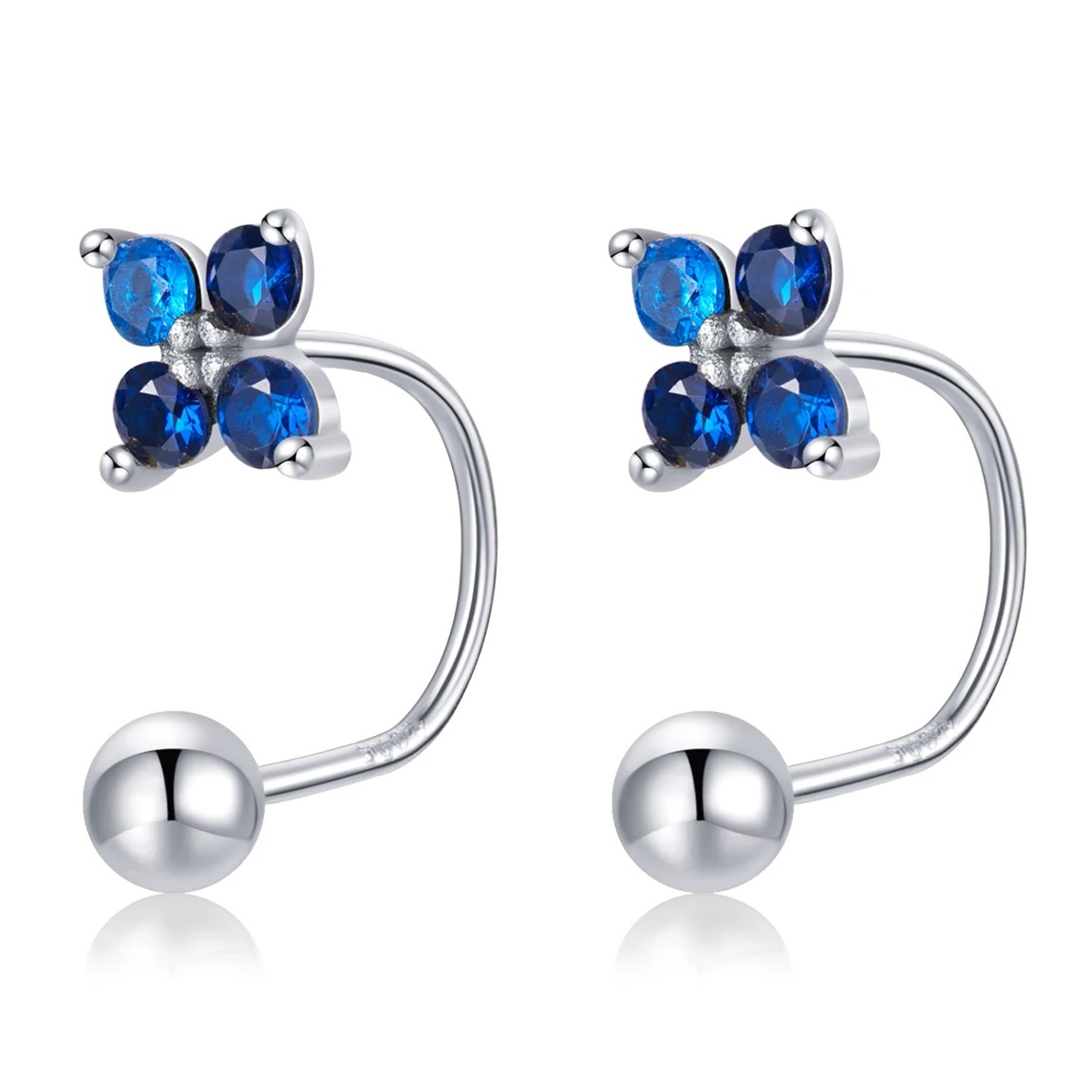 AROS PLATA 925 PASADOR FLOR AZUL BOLITA - 1