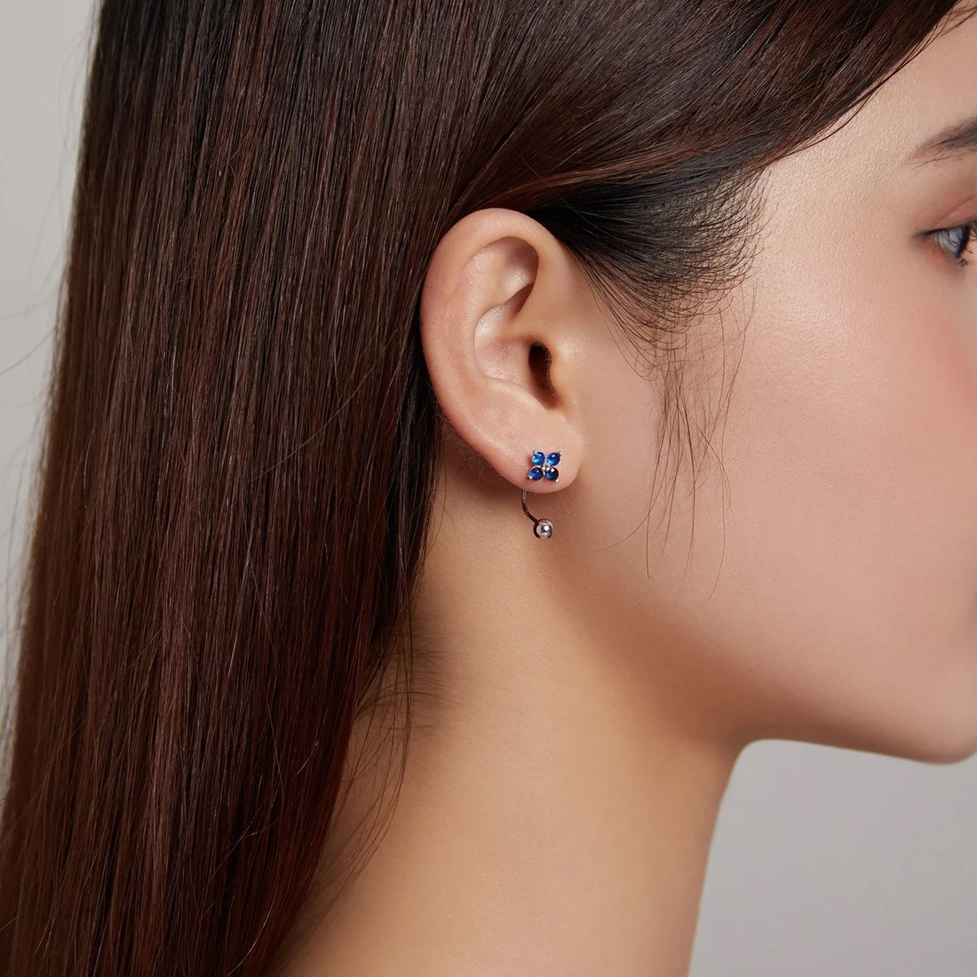 AROS PLATA 925 PASADOR FLOR AZUL BOLITA - 2