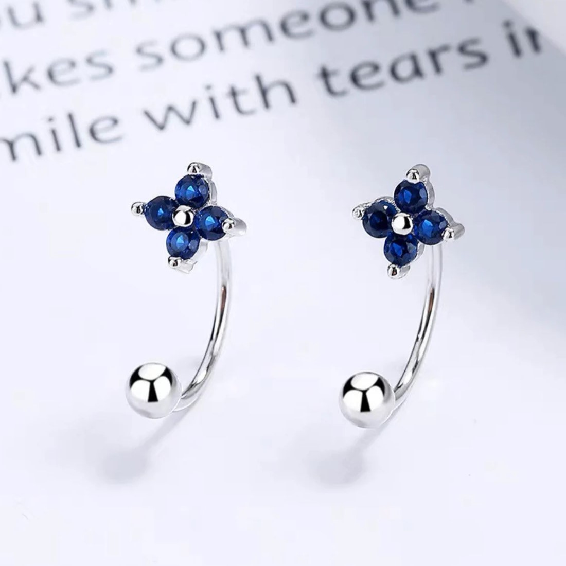AROS PLATA 925 PASADOR FLOR AZUL BOLITA - 3