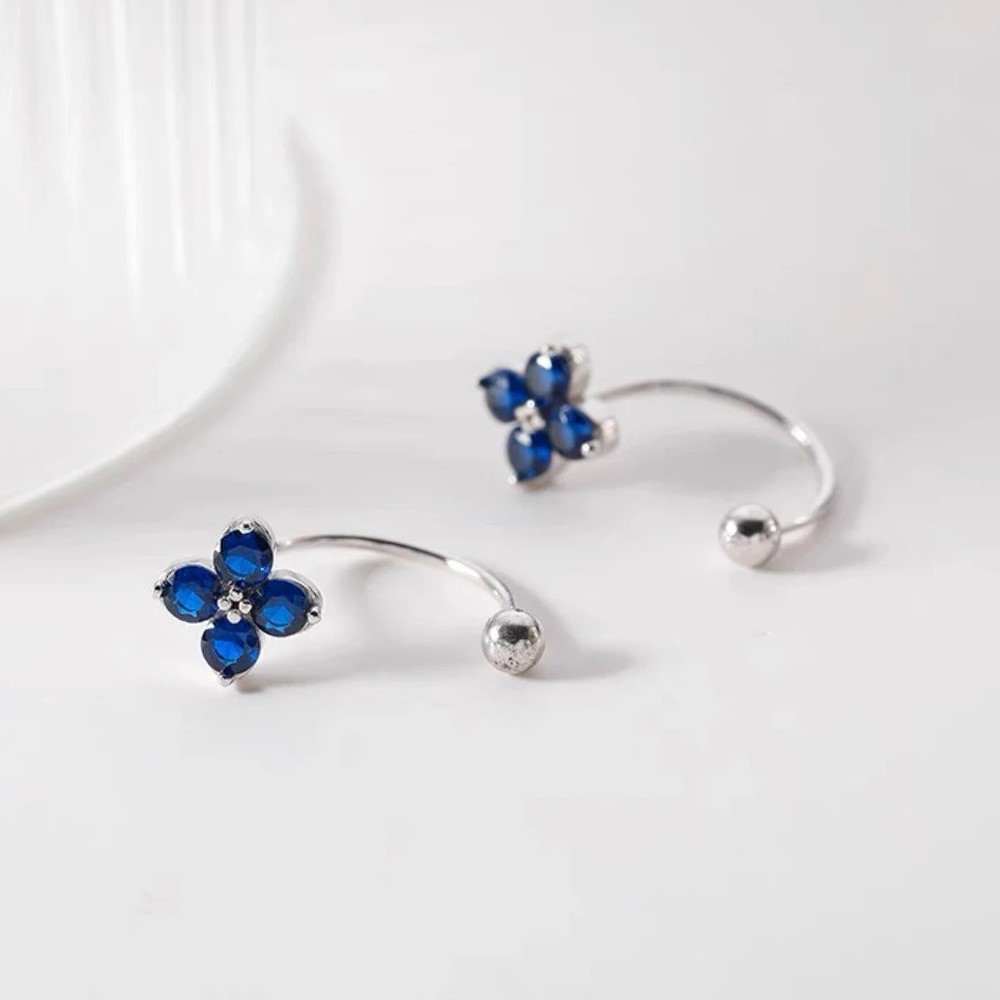 AROS PLATA 925 PASADOR FLOR AZUL BOLITA - 4