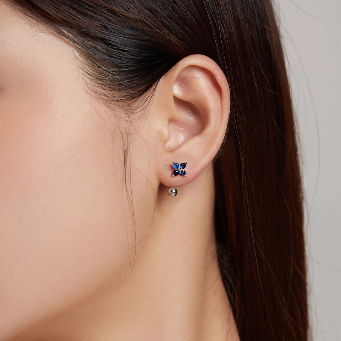 AROS PLATA 925 PASADOR FLOR AZUL BOLITA - 6