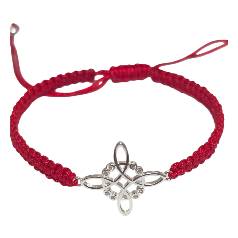 PULSERA PLATA 925 NUDO DE BRUJA HILO ROJO CIRCONES TRENZADO - 2