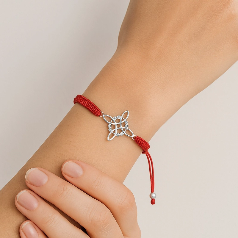 PULSERA PLATA 925 NUDO DE BRUJA HILO ROJO CIRCONES TRENZADO - 4