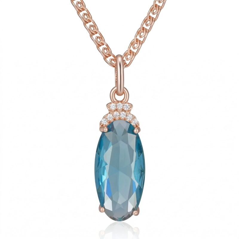 COLLAR CRISTAL AZUL Y CIRCONES DORADO ROSA