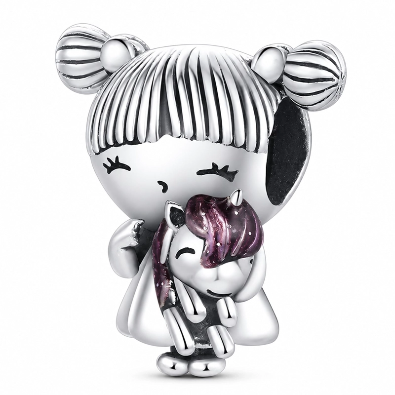 CHARM DIJE PLATA 925 NIÑA CON PELUCHE UNICORNIO - 1